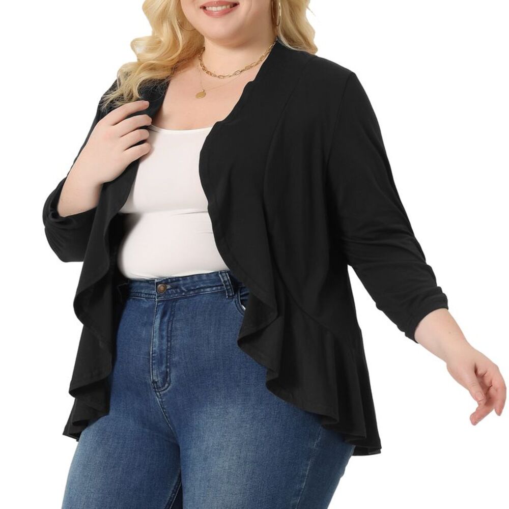 Plus Size 3/4 Sleeve Open Front Cropped Shrug Bolero Cardigans Jacket Black - Picture 2 of 6